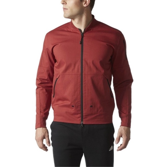 New Adidas Athletic Men Twill Bomber Jacket Red Adult Size XL Full Zip Logo Back - Picture 1 of 16